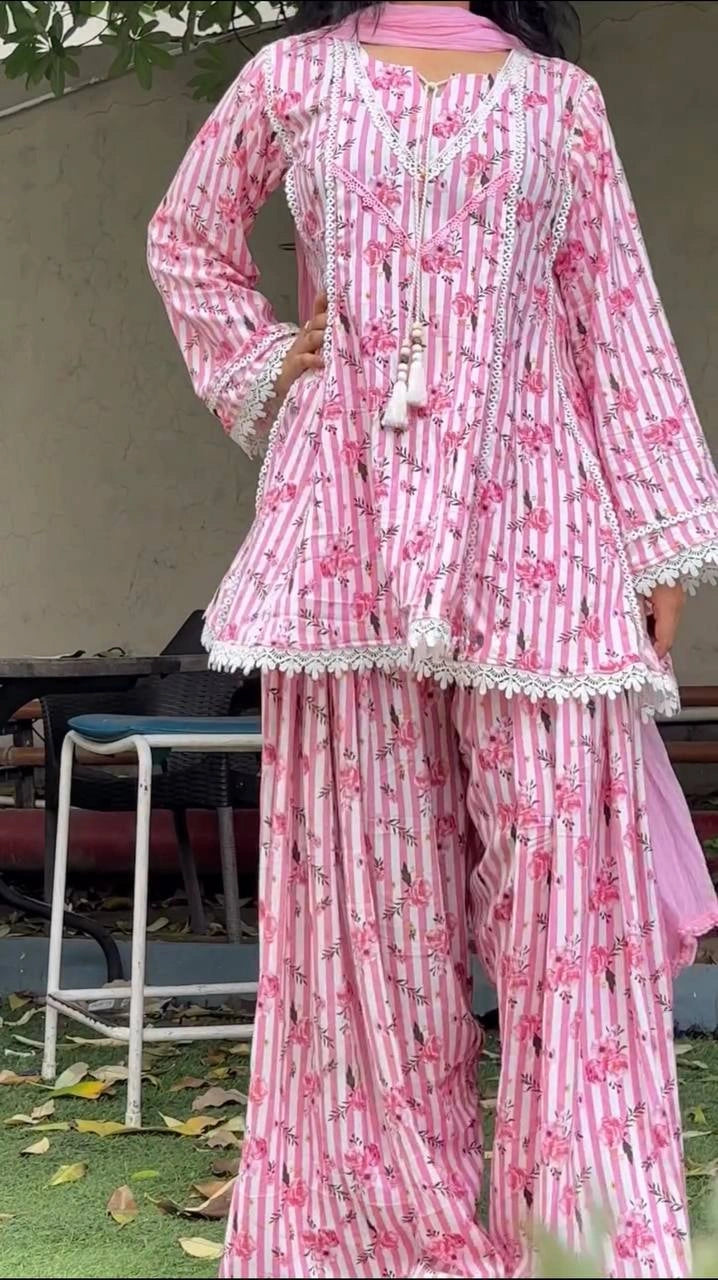 Pink Floral Coord Set Model Front View Dupatta KC26